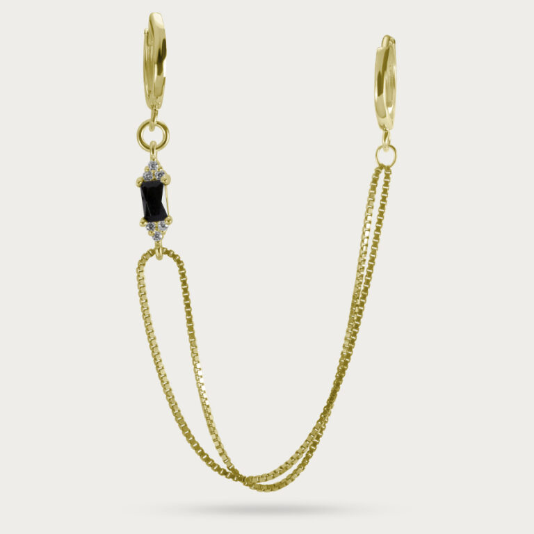 2 huggie earrings connected with charm