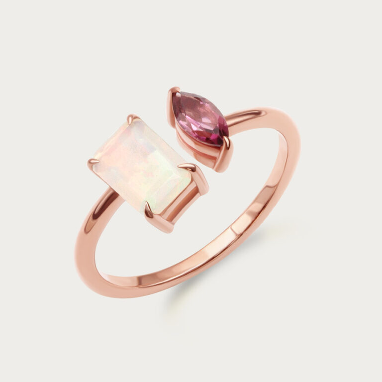 Rose gold ring set with two gemstones, design 12