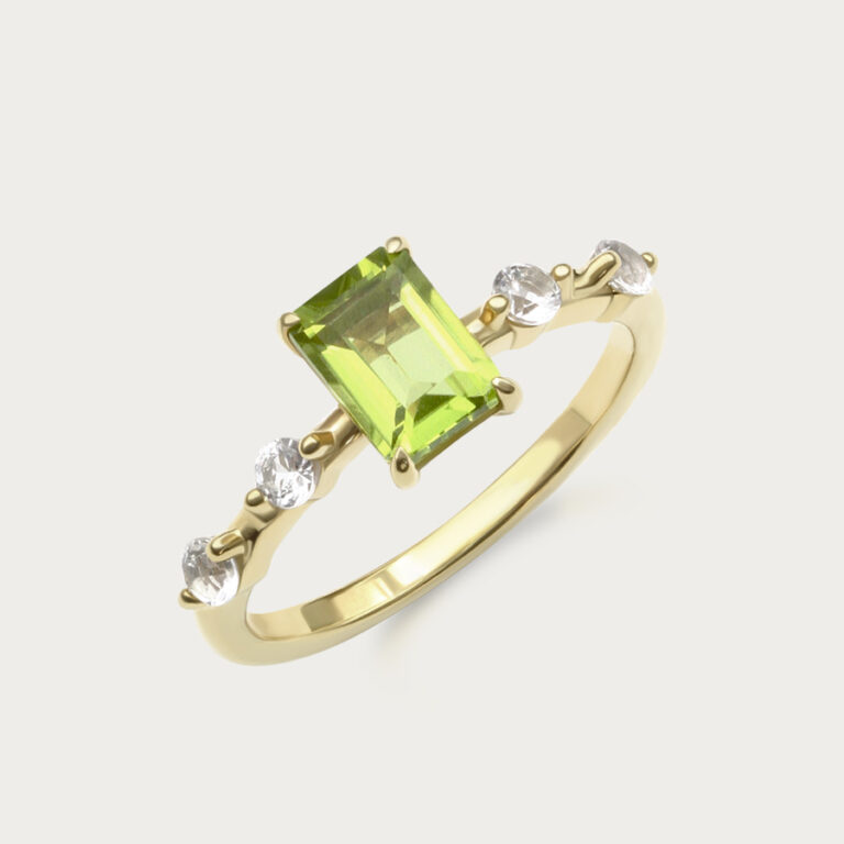 Ring set with an octagon stone and four round stones