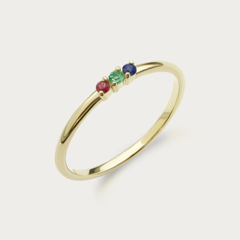 Three stacking birthstone rings, each set with three 1.2mm stones