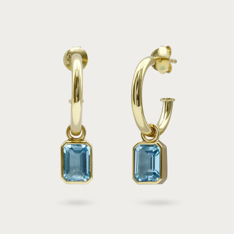 Square blue topaz tube earrings in gold