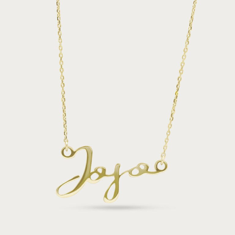 Gold name necklace reading Jojo in English script
