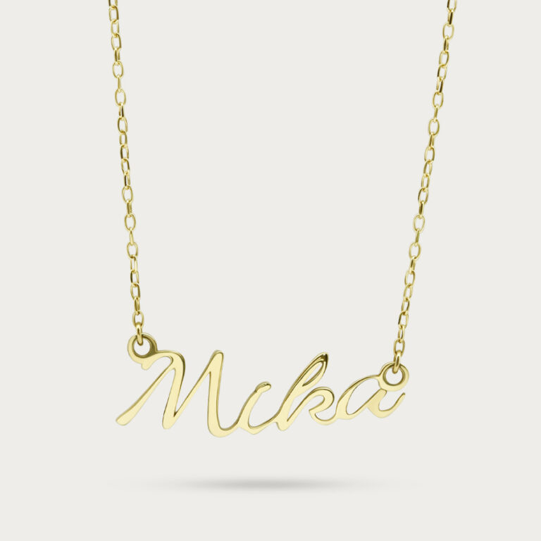 Name necklace reading Mika in English script