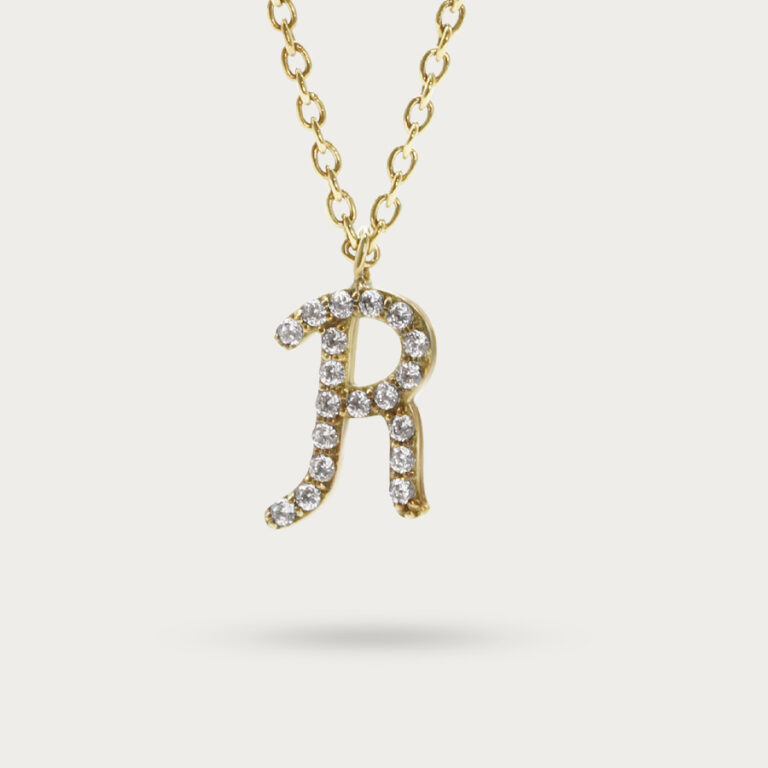 Letter R initial necklace set with thirteen diamonds